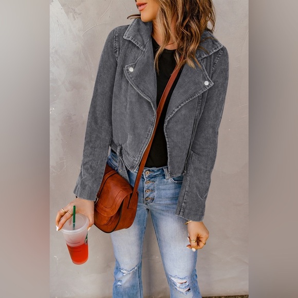 Belted Zip-Up Corduroy Jacket Gray - Picture 2 of 5